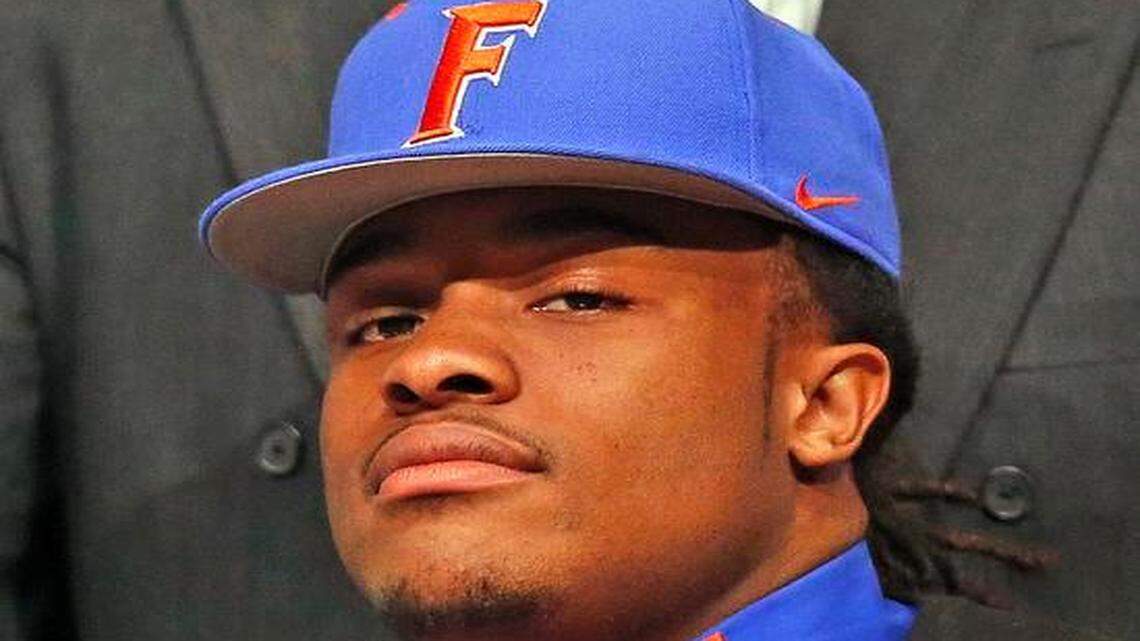 
Jordan Scarlett committed to the University of Florida during national signing day at Saint Thomas Aquinas High School in Fort Lauderdale on Feb. 4, 2015.
