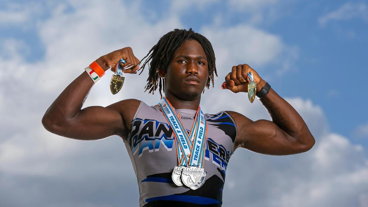 Broward Track and Field Athlete of the Year Chris Johnson, from Dillard High School, is photographed at Brian Piccolo Park in Cooper City, Florida on Friday, May 27, 2022.