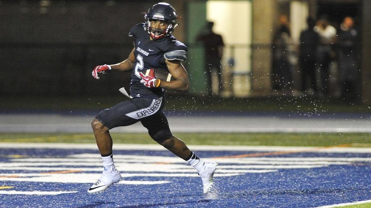 Columbus’ Joshua Jobe scores a touchdown in a victory over Coral Gables on Oct. 27, 2016. After the score, Jobe saluted attending members of the 1966 Explorers team that shocked the powerhouse Gables team, which was the defending national champion.