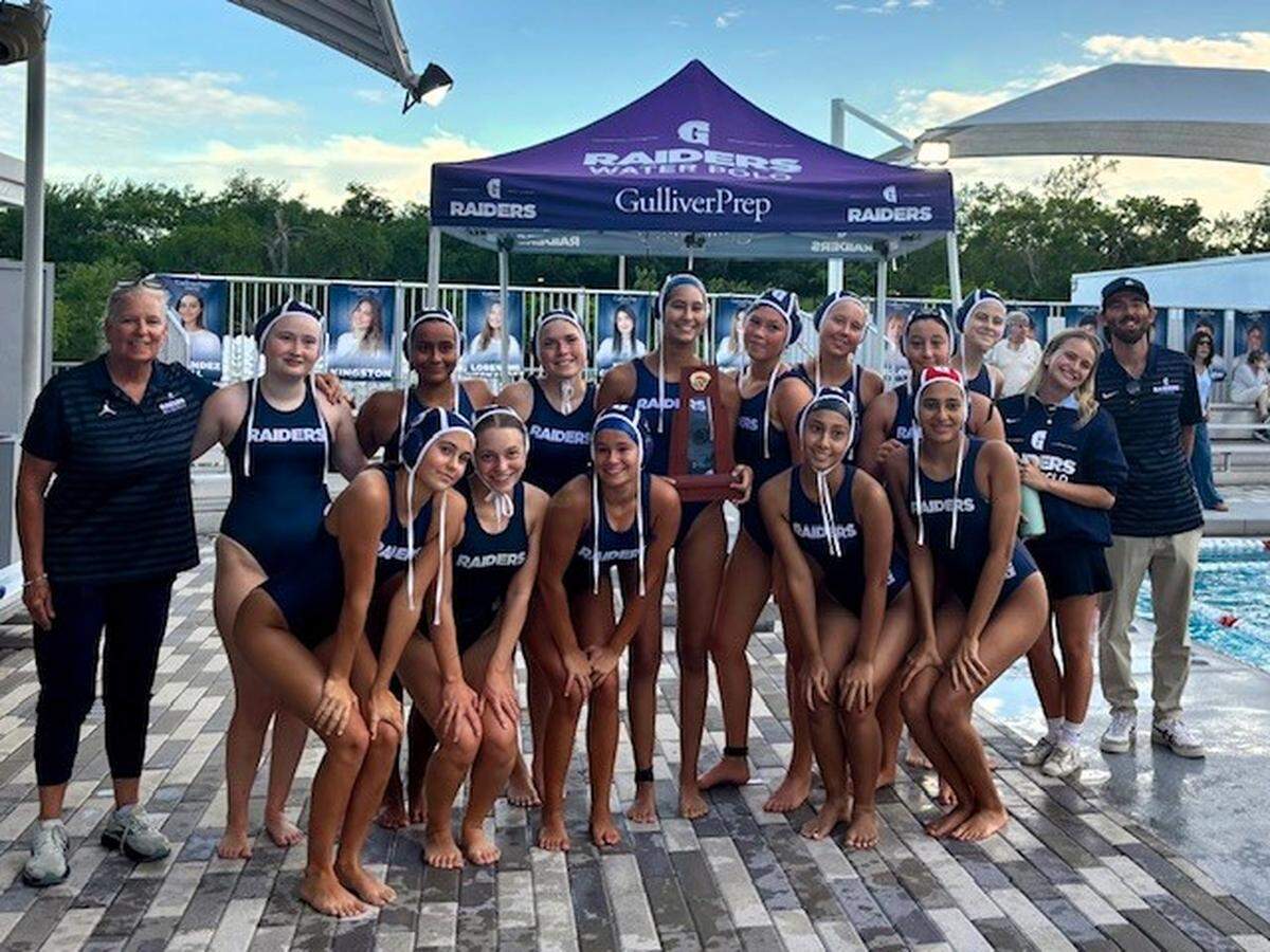 The District 16 champion Gulliver Prep girls’ water polo team.