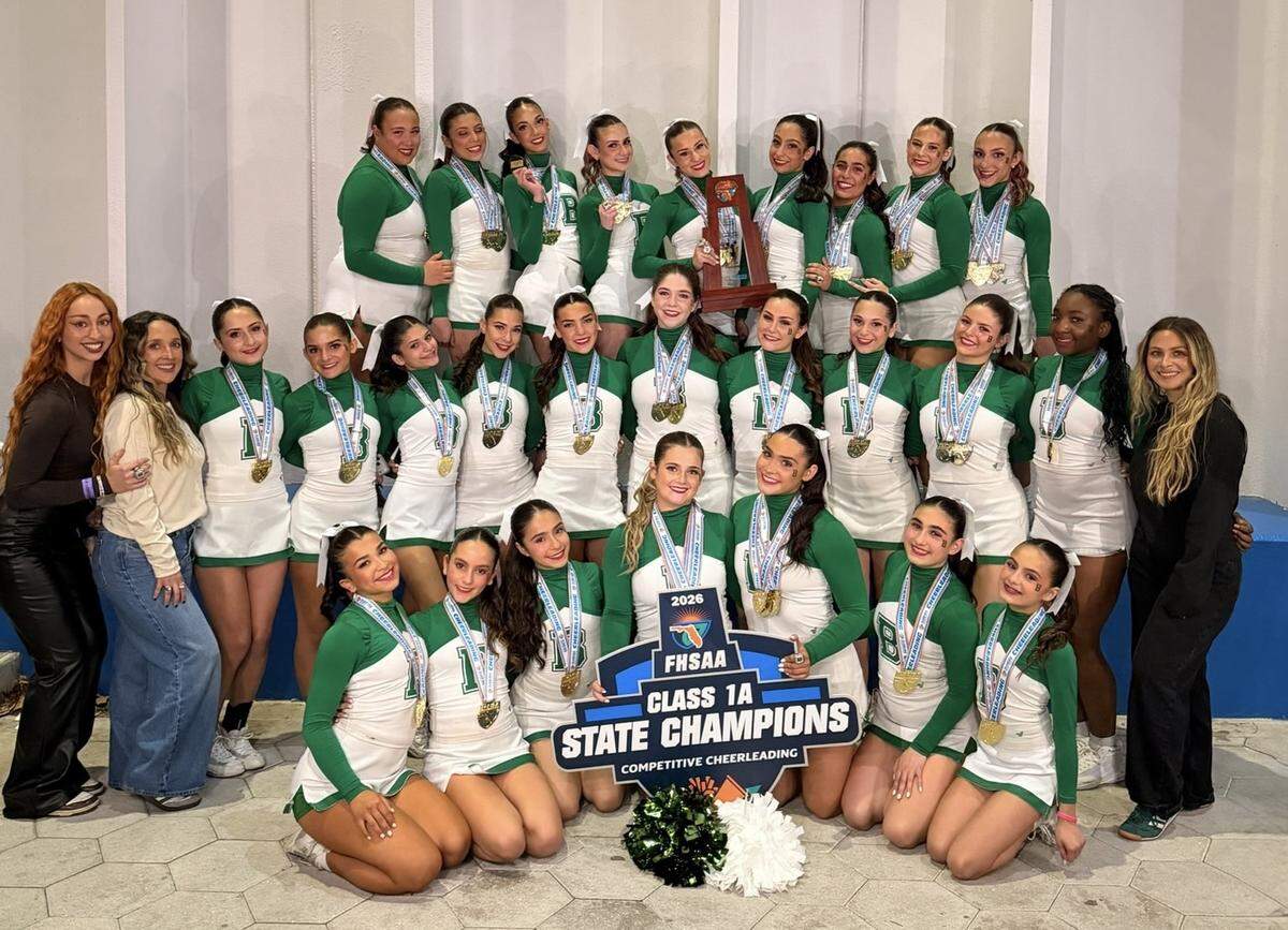 The state and region champion St. Brendan competitive cheerleading team.
