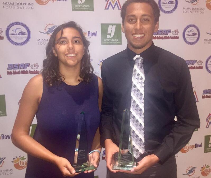 Mourning High's Elaine Lowinger, a water polo standout with a GPA of 5.38 headed to the California Institute of Technology to study mechanical engineerig, and Miami's High's Olvin Villatoro, team captain of the water polo and swimming Sam who will study business at the University of Pennsylvania, took home $2,000 scholarships as the recipients of the William R. Nash/Dade Schools Athletic Foundation award Monday, April 24, 2017.