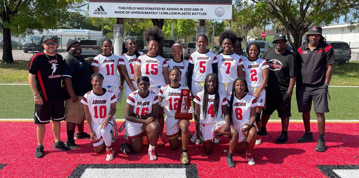 The district and region champion Miami Edison flag football team.