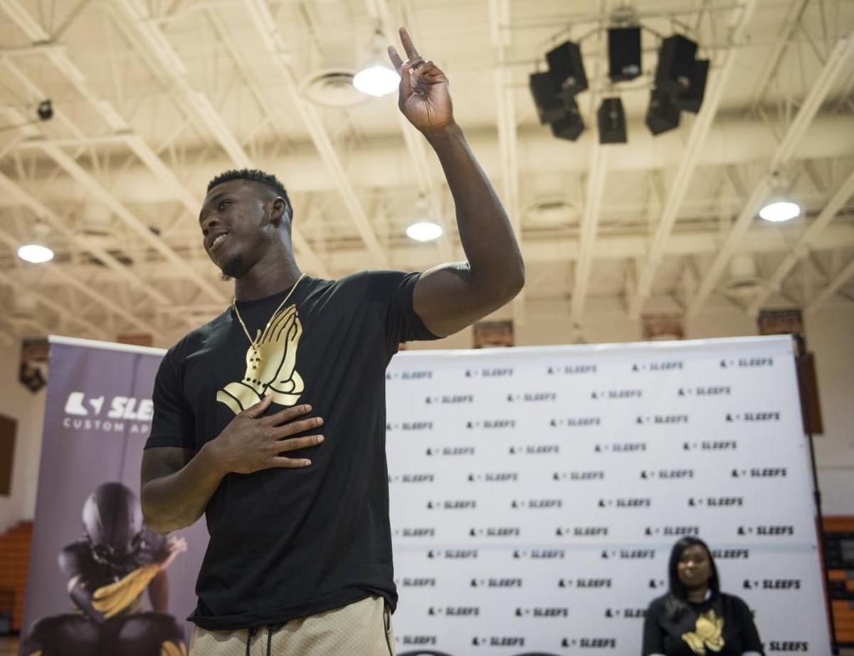 Jacksonville Jaguars wide receiver Allen Hurns, a former University of Miami and Carol City High player, and his mom donated $7,500 to the Carol City Athletic program and visited the school on Sat., May 20, 2017. He talked to the students about the importance of doing well in school and staying focused on goals.