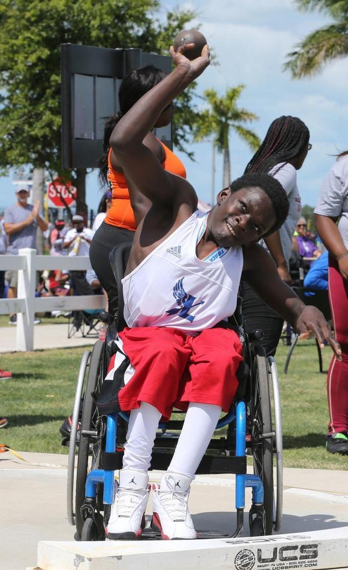 Fort Lauderdale freshman Darrel Bouie does the shot put in the Adaptive class at the FHSAA Track and Field State Championships at the IMG Academy in Bradenton, Fl, May 6, 2017.