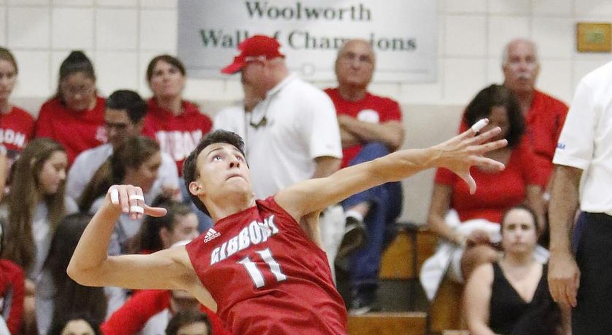 Gardinal Gibbons Michael Valenzi (11) goes for a spike against Celebration HS during The FHSAA Boys’ Volleyball State Finals on Saturday, May 5, 2018 at Ransom Everglades’s School in Coral Gables.