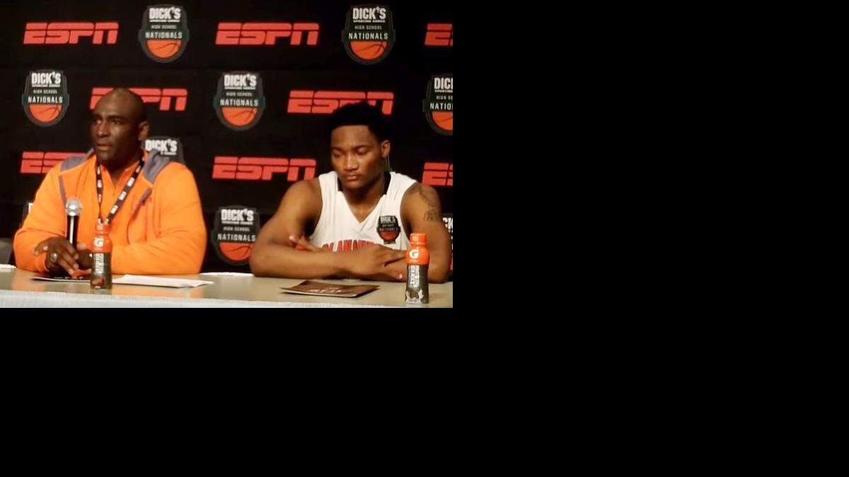 
Blanche Ely basketball coach Melvin Randall and player LaQuincy Rideau speak to the media after the Tigers’ loss to Nevada’s Findlay Prep at the Dick’s Sporting Goods Nationals at Christ the King High School in Queens, N.Y., on Thursday, April 2, 2015.
