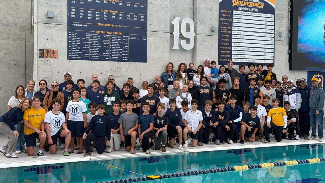 Belen Jesuit honors the late Lucas Osuna by posting his No.19 at the school’s Gian Zumpano Aquatic Center.