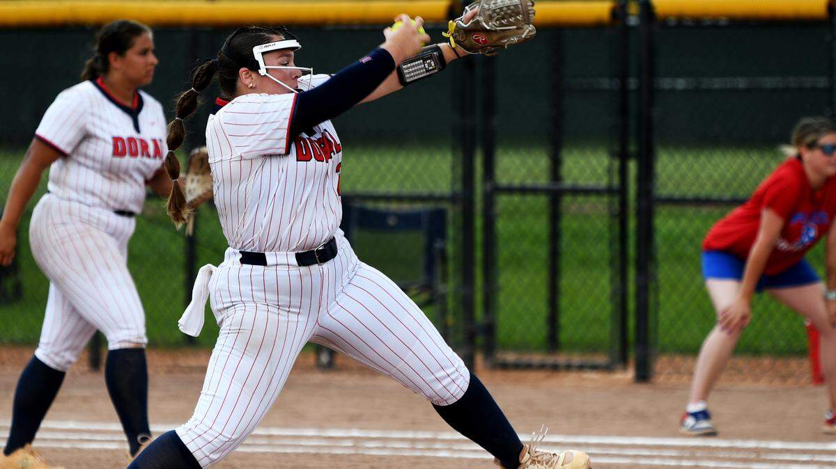 Doral Academy senior pitcher Meagan Villazon delivers a pitch against defending state champions Pace on Saturday at Solider’s Creek Park in Longwood. She pitched a one-hitter and won 1-0.