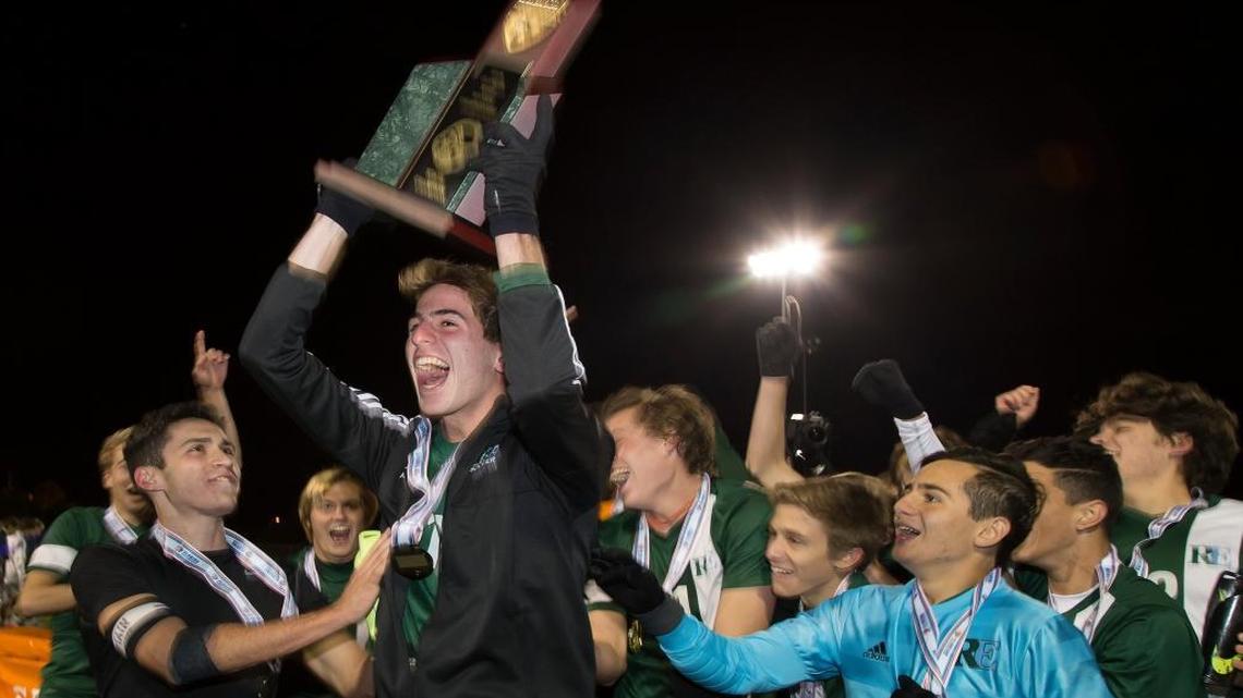 Ransom Everglades celebrates winning the Class 3A boys’ soccer title after a 3-2 victory against Tampa Catholic at Melbourne High School on Wednesday, Feb. 10, 2016.
