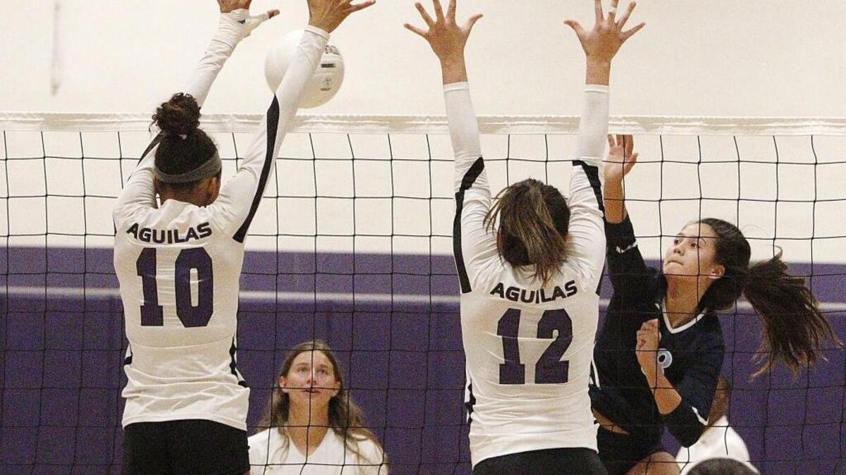 Palmetto’s Kimiko Slazas (8) hits against the Southwest Eagles during the regional quarterfinal volleyball match at Southwest High School in Miami on Oct. 24, 2017.