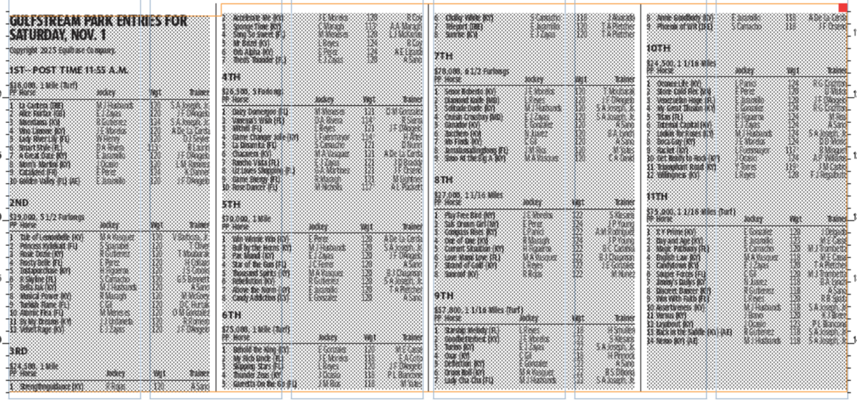Gulfstream Park entries for Saturday, Nov. 1, 2025 - 11 races.