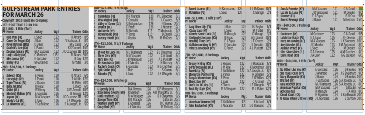 Gulfstream Park horse racing entries for March 26 (10 races).