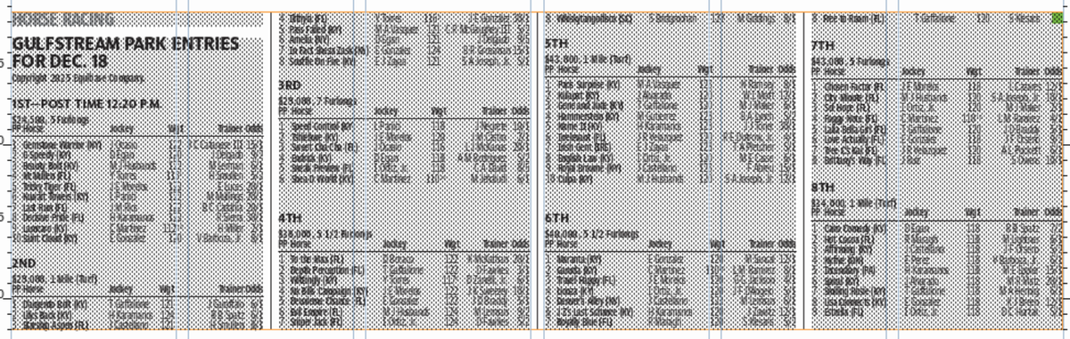 Gulfstream Park entries for Thursday, Dec. 18, 2025 (8 races).