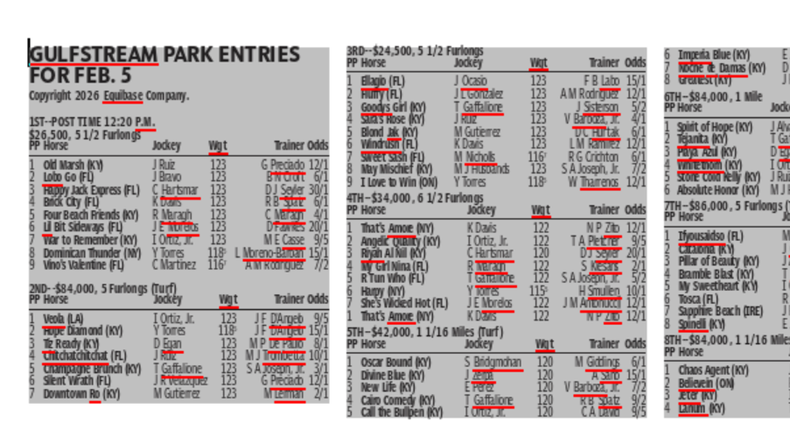 Gulfstream Park entries for Feb. 5 (10 races)