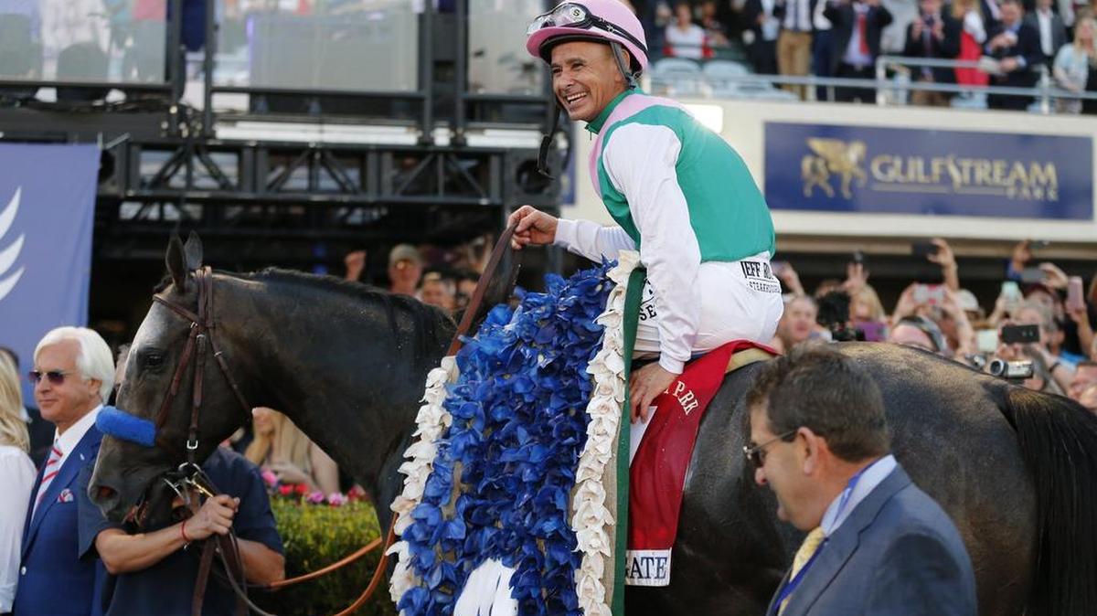 Arrogate and jockey Mike Smith after winning the inaugural Pegasus World Cup at Gulfstream Park in January.