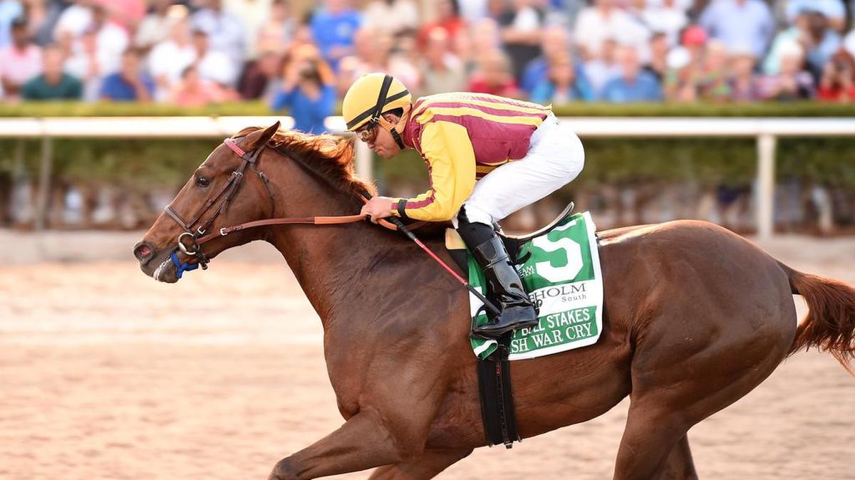 Jockey Joel Rosario and Irish War Cry head down the stretch for a 3 3/4-length victory in the $350,000 Holy Bull Stakes at Gulfstream Park on Saturday.
