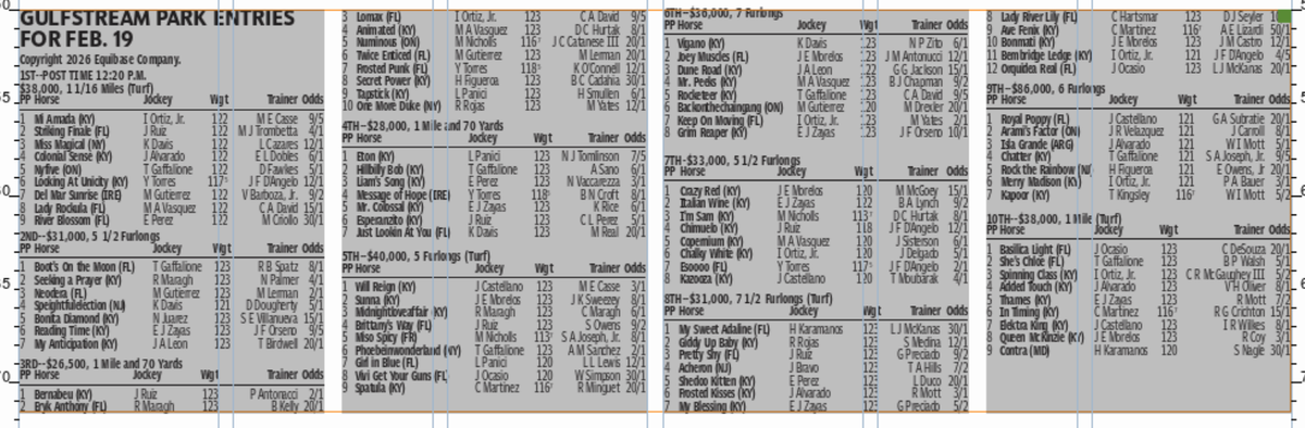 Gulfstream Park horse racing entries for Feb. 19 (10 races).