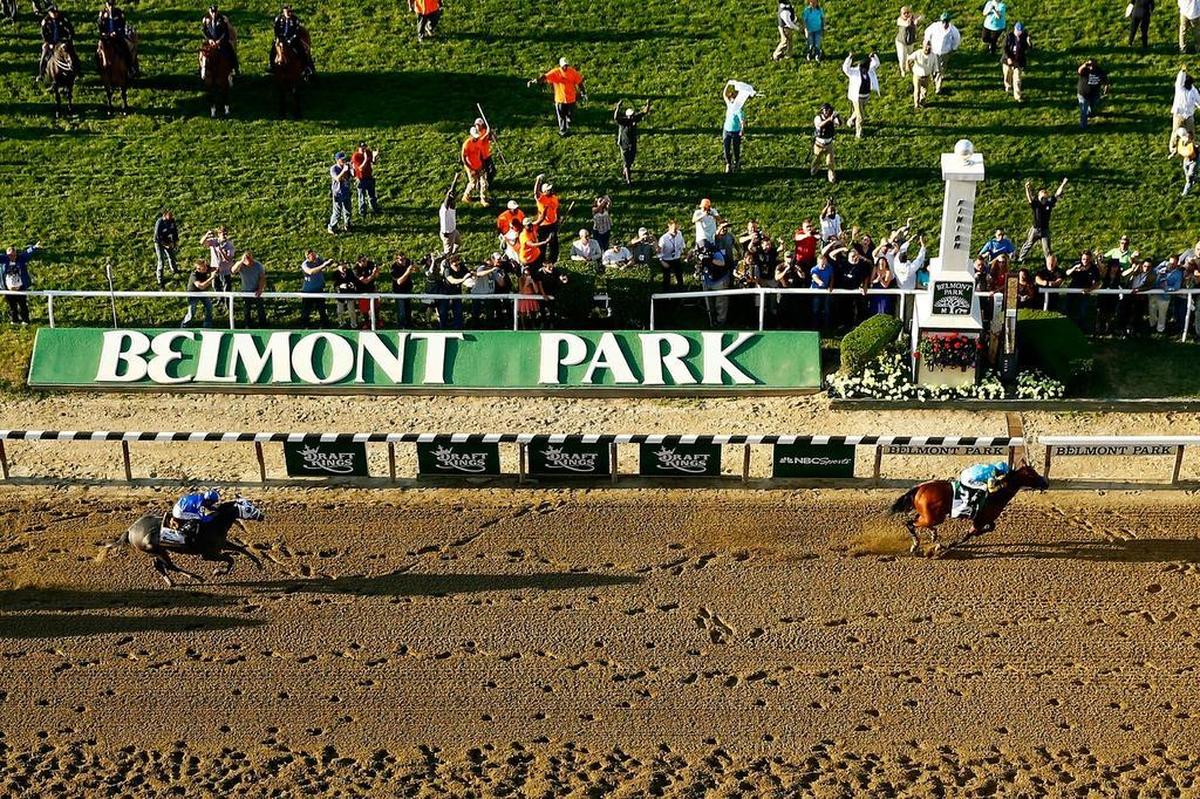 American Pharoah (No. 5), ridden by Victor Espinoza, crosses the finish line ahead of Frosted (No. 6), ridden by Joel Rosario, to win the 147th running of the Belmont Stakes on June 6, 2015. American Pharoah was the first horse in decades to win the Triple Crown.
