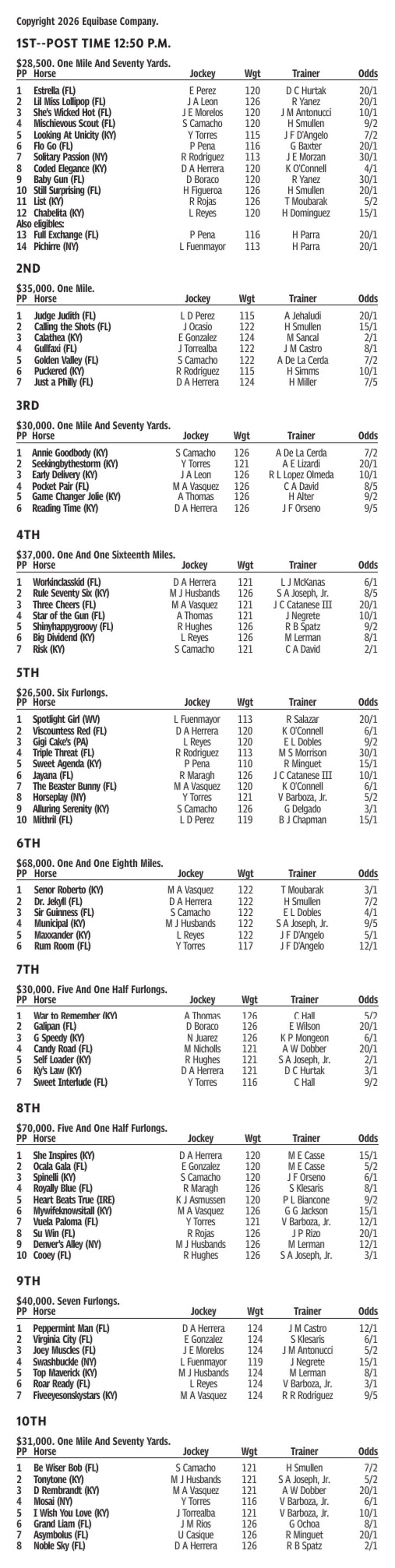 Gulfstream Park Entries for June 7, 2026