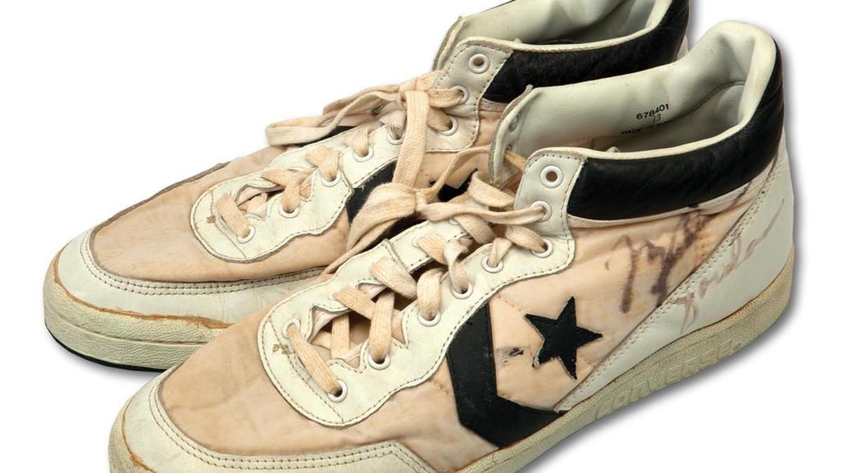 Michael Jordan’s game worn and dual signed Converse shoes from the 1984 Olympics’ gold-medal-winning-game against Spain sold for $190,373 on Sunday, June 11, 2017 to shatter the previous auction record of $104,765 for game-worn shoes.