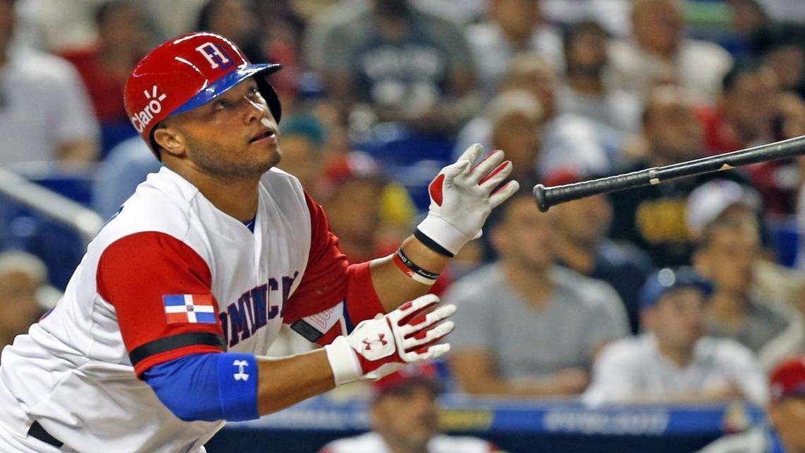 Dominican Republic catcher Welington Castillo (35) homers on a fly ball to right fieldas the team plays Canada in the World Baseball Classic at Marlins Park in Miami on March 9, 2017.