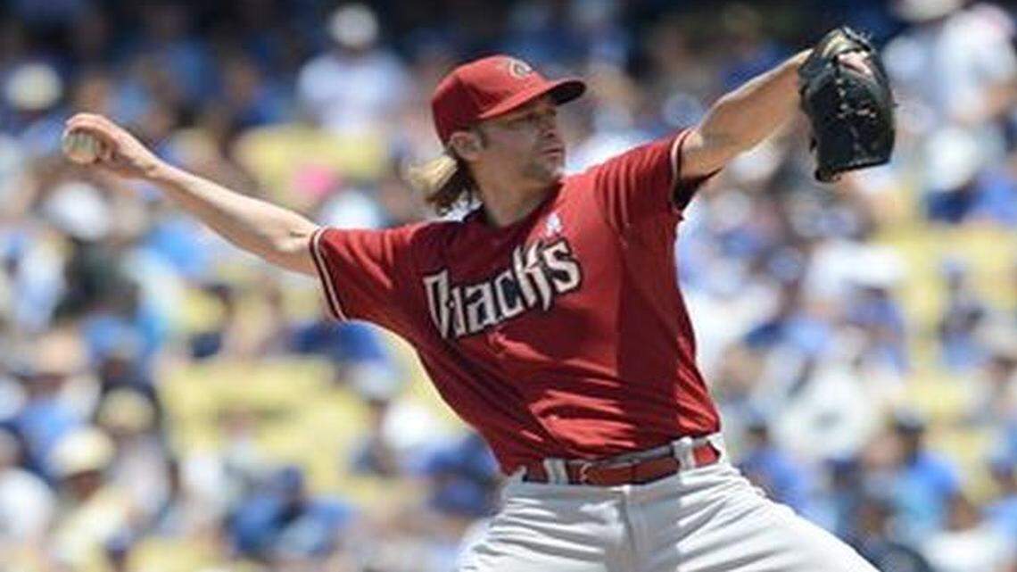 
 Bronson Arroyo, currently with the Los Angeles Dodgers, is show pitching for Arizona last year.
