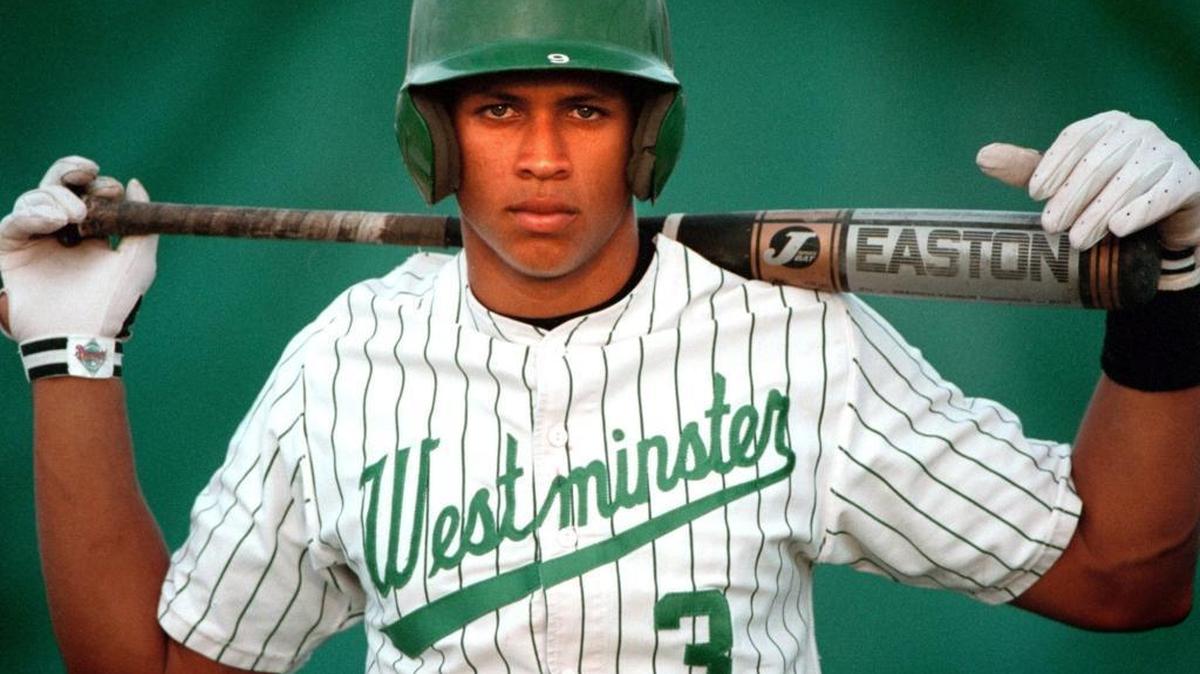 Alex Rodriguez poses in his Miami Westminster Christian uniform prior to being the top pick of the 1993 draft by the Seattle Mariners.