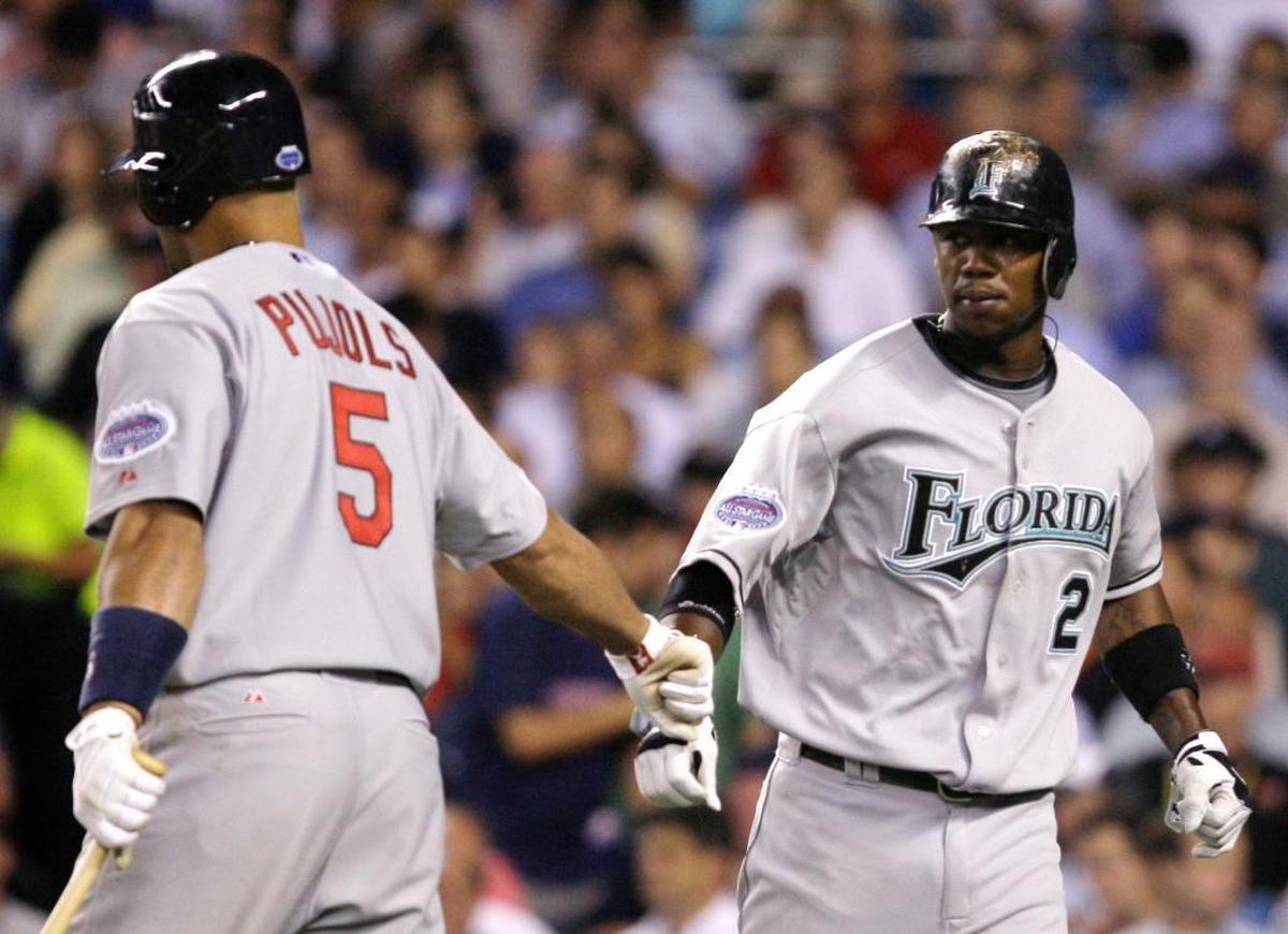 Hanley Ramirez is congratulated by St. Louis Cardinals' Albert Pujols after scoring on a sacrifice fly in the sixth inning of the 2008 All-Star Game at Yankee Stadium.