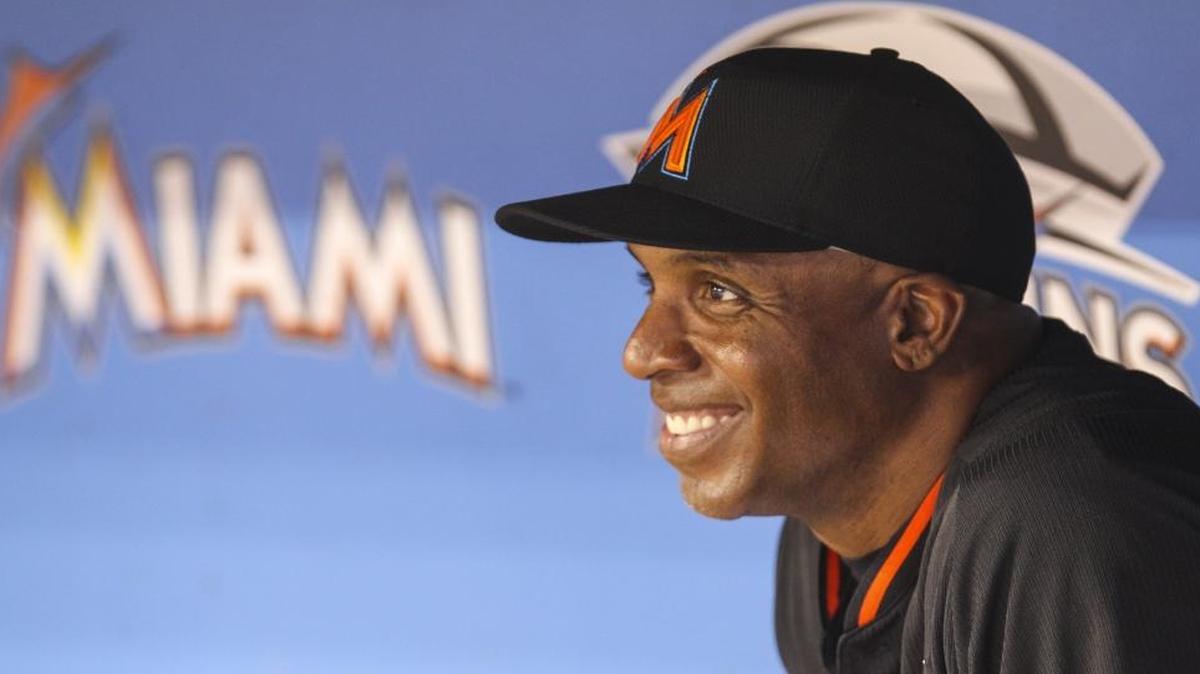 Miami Marlins' hitting coach, Barry Bonds sits in the dugout before playing against the San Francisco Giants at Marlins Park in Little Havana on Mon., Aug. 8, 2016.