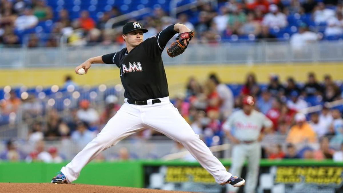 Miami Marlins' Tom Koehler (34) pitches in the first inning as the Miami Marlins host the Philadelphia Phillies at Marlins Park on Saturday, May 7, 2016.