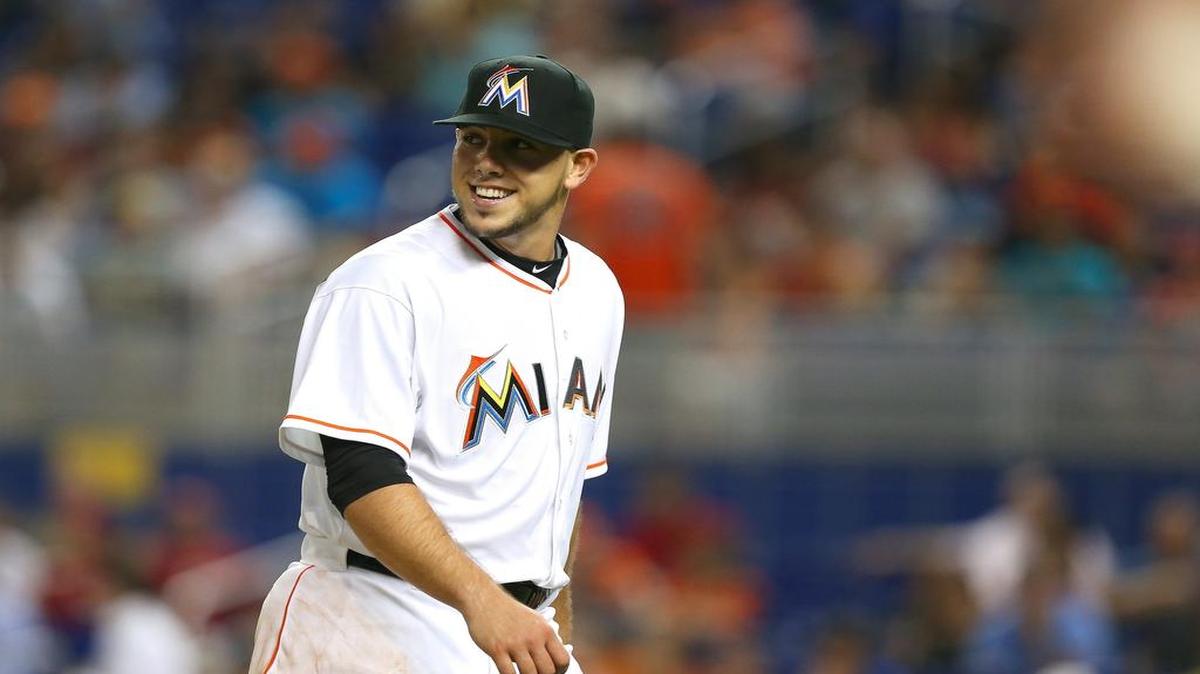 
Jose Fernandez smiles after finishing the second inning against the Cincinnati Reds on Thursday, July 9, 2015, at Marlins Park in Miami.
