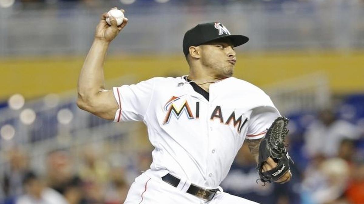 The closer Miami Marlins relief pitcher A.J. Ramos pitches in the ninth inning as the Miami Marlins host the Atlanta Braves at Marlins Park on Wed., June 22, 2016