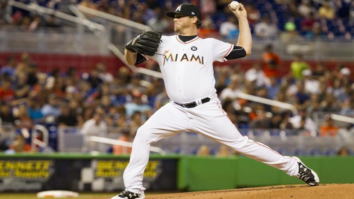 Marlins starting pitcher Chris O'Grady during the first inning as the Marlins play the Cincinnati Reds at Marlins Park on Thurs., July 27, 2017.