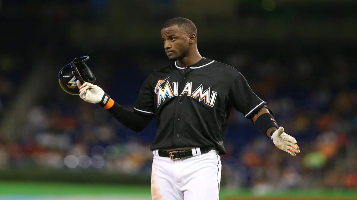 
Adeiny Hechavarria, shortstop of the Miami Marlins, reacts after grounding outh in the second inning of a baseball game against the Philadelphia Phillies on Saturday, August 22, 2015, at Marlins Park in Miami.
