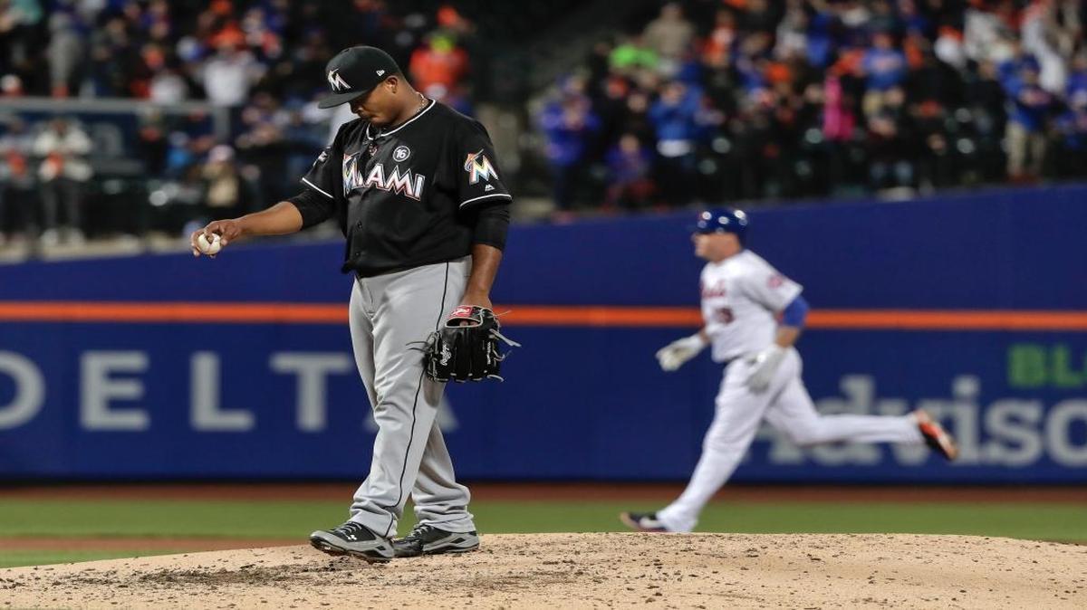 Miami Marlins pitcher Edinson Volquez (36) reacts after giving up a solo home run to New York Mets' Jay Bruce during the fifth inning of a baseball game on April 9, 2017, in New York.