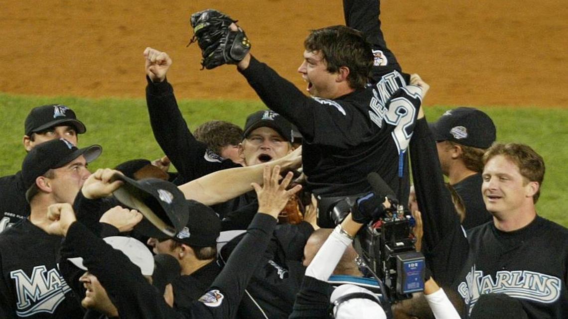 Josh Beckett is carried off the field at Yankee Stadium after he led the Marlins to a Game 6 win and the 2003 World Series championship.