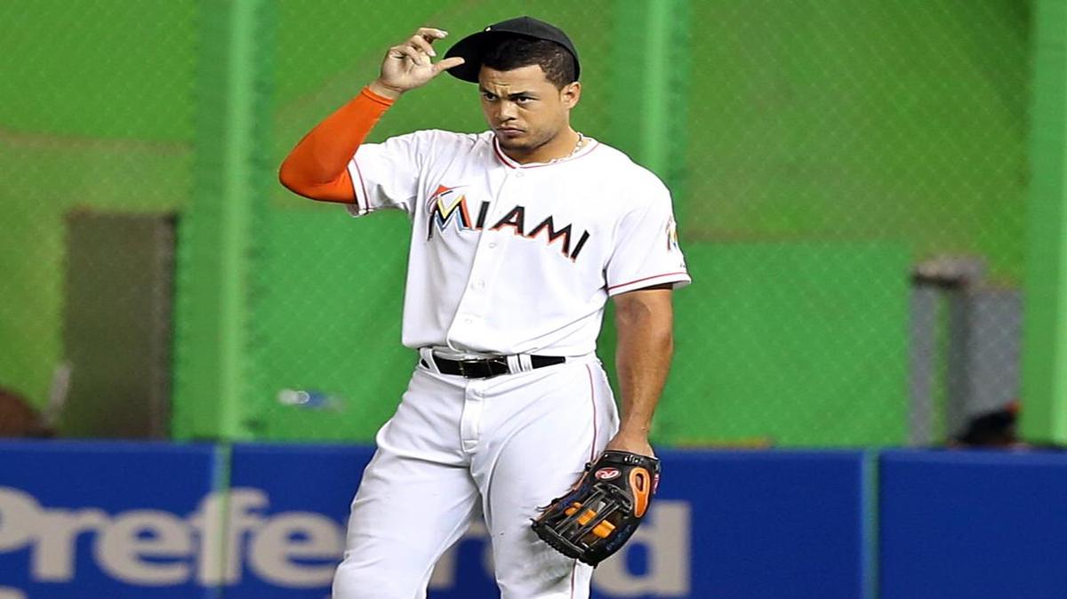 
Miami Marlins Giancarlo Stanton reacts as the Atlanta Braves take the lead in the eight inning their game at Marlins Park in Miami on May 15, 2015.
