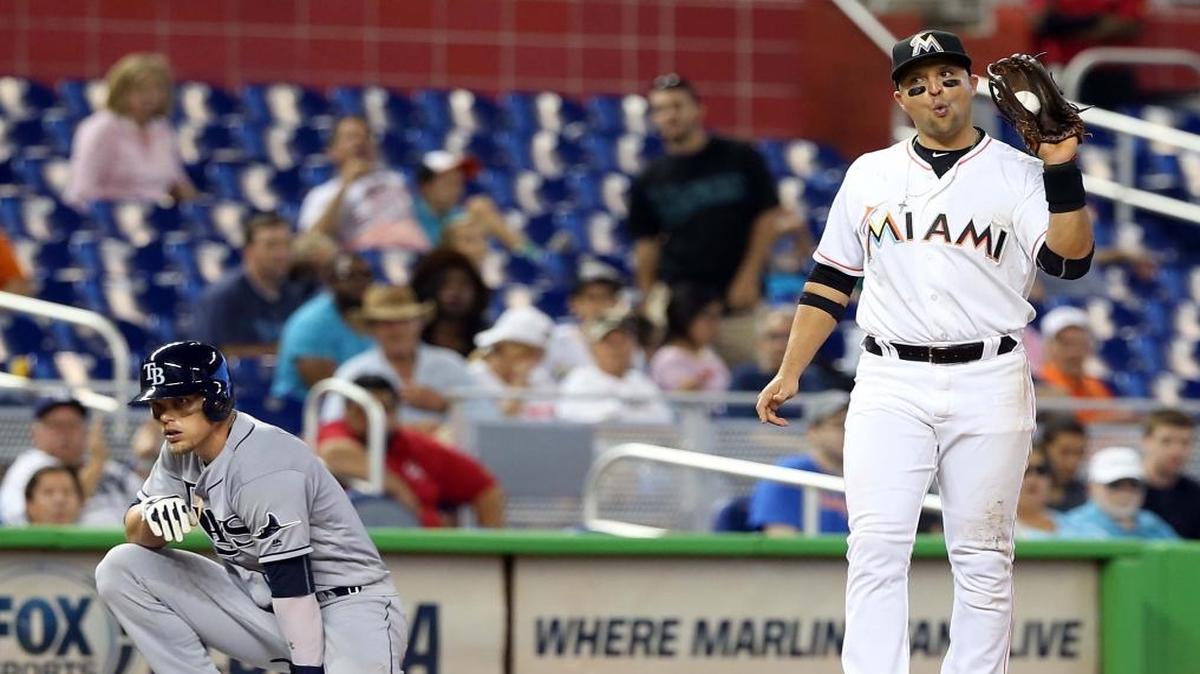 Marlins' Martin Prado reacts after forcing out Rays' Brandon Guyer at third base in the ninth inning of the Miami Marlins and Tampa Bay Rays game at Marlins Park in Little Havana in Miami on Tues., May 24, 2016.