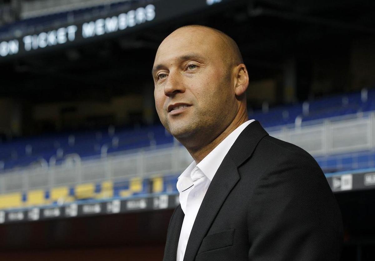Marlins CEO Derek Jeter during a special presentation to unveil the 25th Anniversary logo to current Season Ticket Members who have had an account since 1993 and to reveal details regarding the recognition of the franchise's 25th anniversary at Marlins Park in Miami on Feb. 6, 2018.