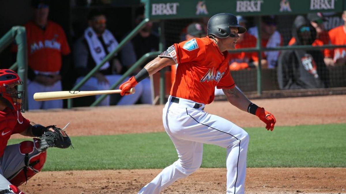 Miami Marlins left fielder Derek Dietrich grounds out during the second inning of a spring training baseball game against the St. Louis Cardinals at Roger Dean Chevrolet Stadium on Friday, Feb. 23, 2018, in Jupiter.