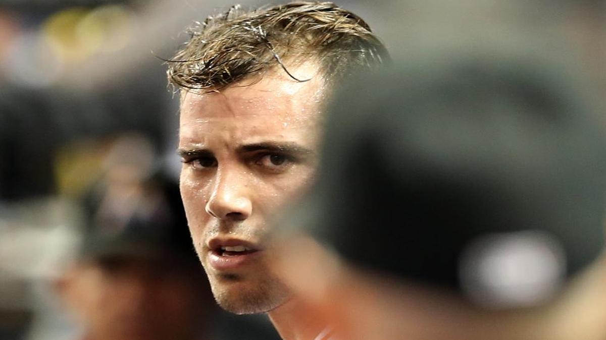 Marlins' pitcher Jose Fernandez, reacts in the first inning of the Miami Marlins vs Atlanta Braves, game at Marlins Park in Little Havana in Miami on Tues., June 21, 2016.
