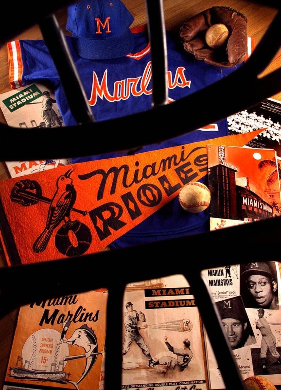 Memorabilia seen through a catcher’s facemask from the glory days of Miami Stadium.