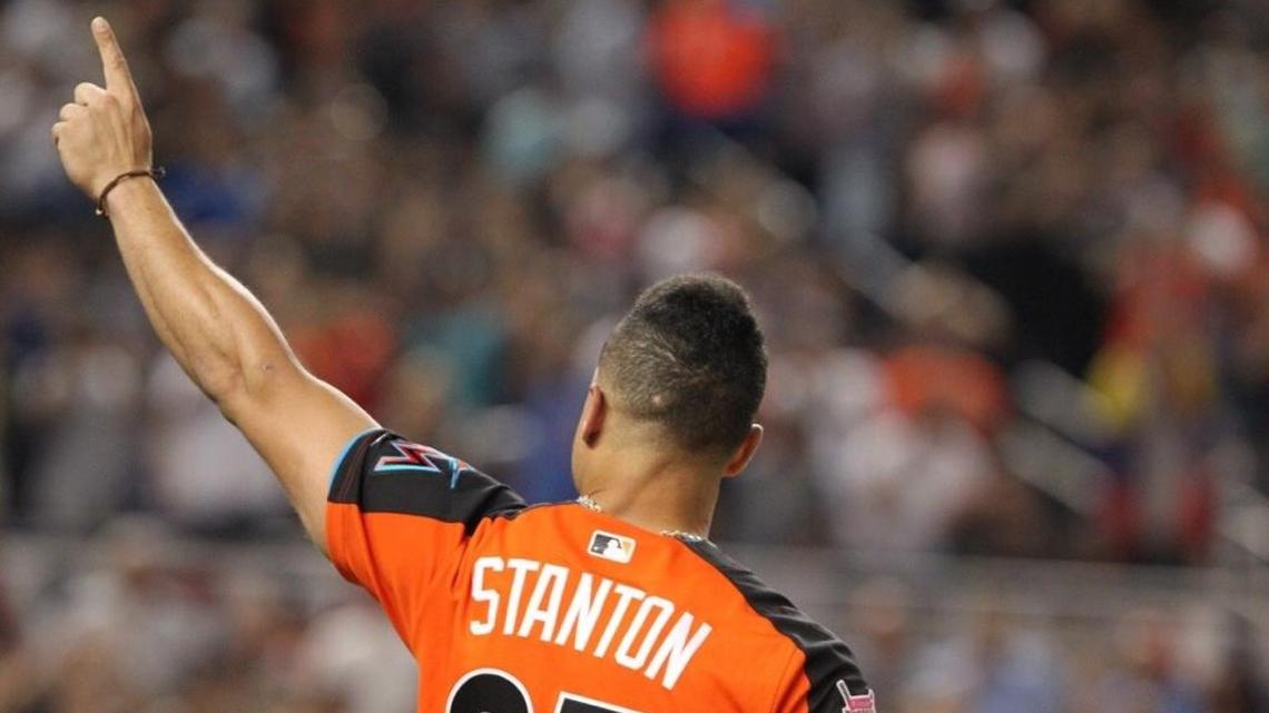 The Marlins’ Giancarlo Stanton greets the fans during the MLB baseball All-Star Home Run Derby at Marlins Park on July 10.