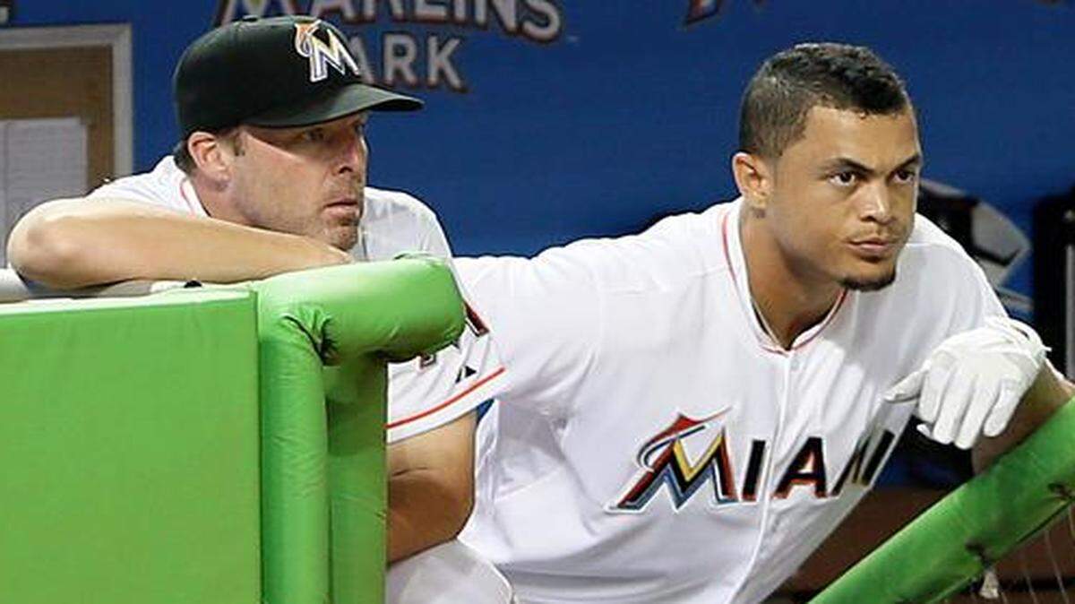 
Marlins manager Mike Redmond and Giancarlo Stanton look on at Marlins Park in Miami on Tuesday, September 2, 2014.
