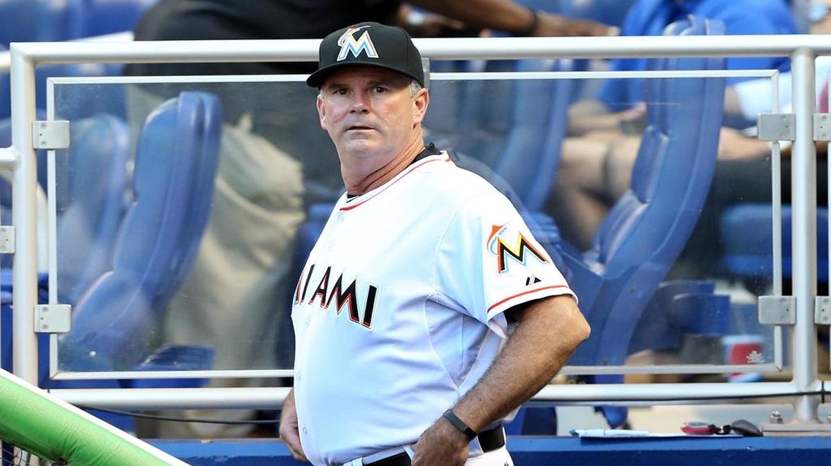 
Miami Marlins Manager Dan Jennings looks on during the first inning of the Miami Marlins vs Arizona Diamondbacks game at the Marlins Park in Little Havana in Miami on Tuesday, May 19, 2015.
