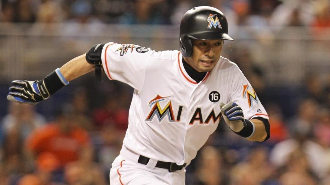 Miami Marlins’ Ichiro Suzuki (51) makes a run for first base at Marlins Park in Little Havana on Saturday, Sept. 30, 2017.