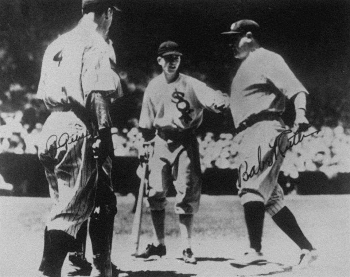 Babe Ruth crosses home plate following a two run home run off National League starting pitcher Bill Hallahan in the third inning of the first All-Star Game ever played, July 6, 1933. Greeting Ruth at home plate are, from left: Yankee teammate, Lou Gehrig and White Sox bat boy, John McBride. Barely visible behind Gehrig is National League catcher Jimmie Wilson. The American League won 4-2.