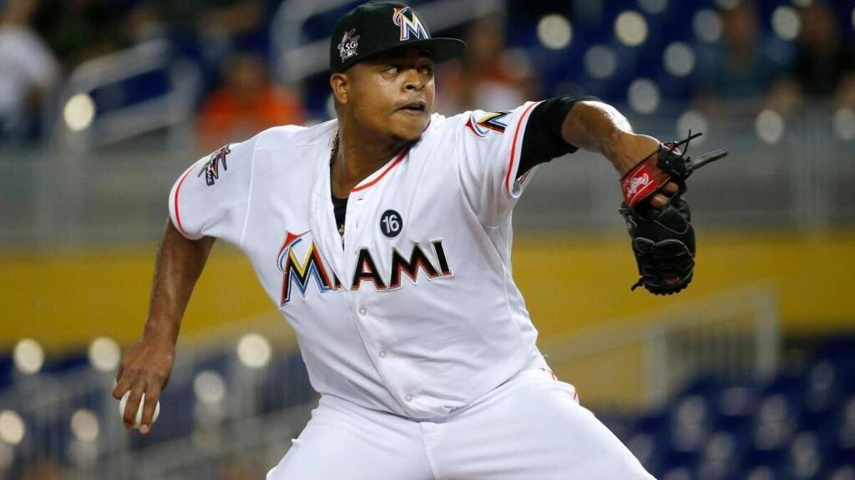Miami Marlins pitcher Edinson Volquez throws during the first inning against the Oakland Athletics at Marlins Park on Wednesday, June 14, 2017, in Miami.