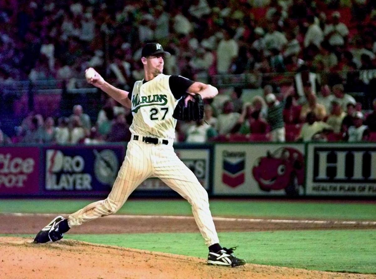 Kevin Brown pitches for the Florida Marlins during the 1997 season.